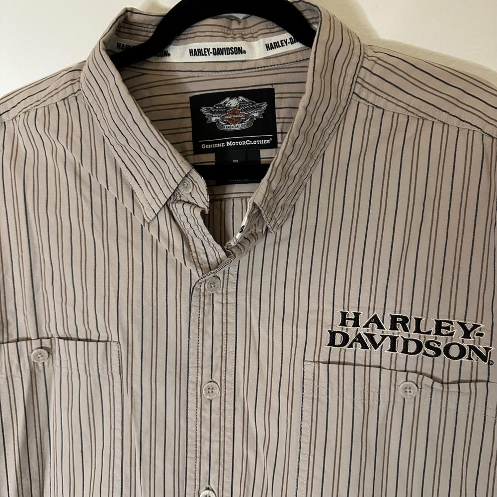 Vintage Harley Davidson 3XL Long Sleeve Embroidered Beige Striped Button Down